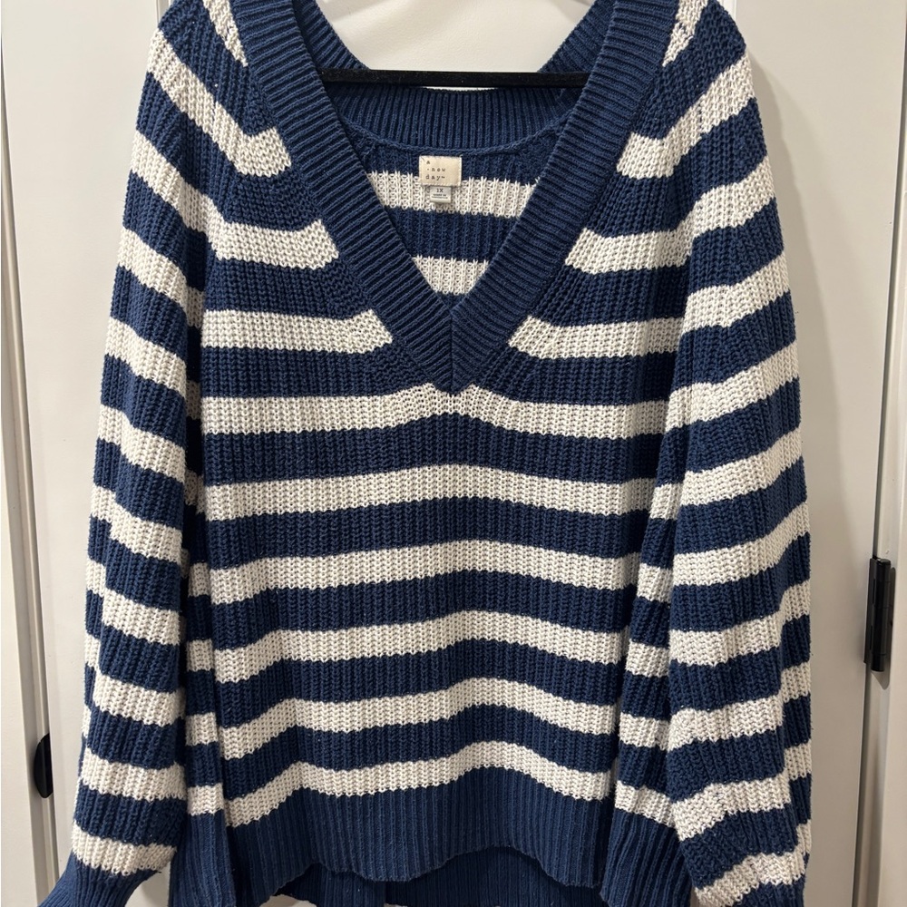 a new day Navy and White Striped V-Neck Sweater